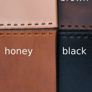 Four leather swatches listed clockwise: dark brown, black, honey, and natural