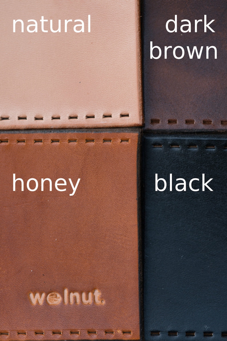 Four leather swatches listed clockwise: dark brown, black, honey, and natural