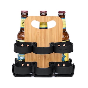 Bamboo and leather reusable 6-pack beer bottle carrier in dark brown leather with plyboo