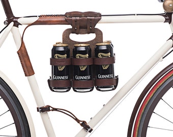 Bike 6-Pack Holder - "Bike Beer Combo" - Leather Wood Bicycle Beer Carrier with Set Discount