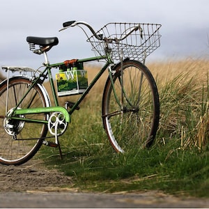 Green bike with 6-pack frame cinch used to hold cardboard beer carton.