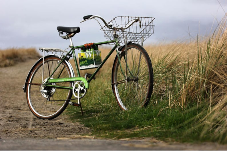 Green bike with 6-pack frame cinch used to hold cardboard beer carton.