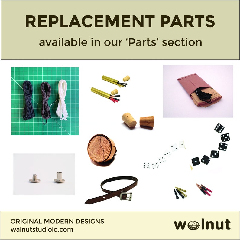 Advertisement for replacement parts, buy extra pegs, peg tubes, and corks in our parts section.