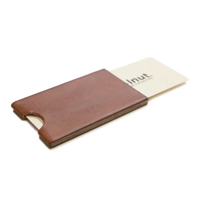 Dark brown leather card case with "walnut" business cards