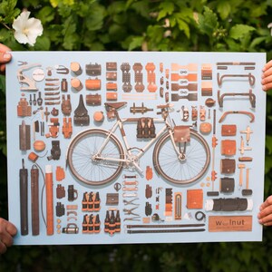 Four hands holding up an unframed bicycle poster with a variety of leather parts accessories