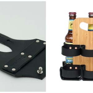 Photo collage showing the color variants of the Black / Black option: a black leather 6-pack bicycle beer carrier strap and a black leather with bamboo Spartan Carton reusable 6-pack