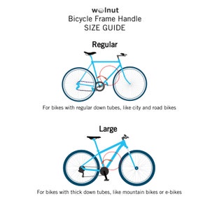 First image features a city bike and text that reads Regular: For bikes with regular down tubes, like city and road bikes. Second image features a mountain bike and text that reads Large: For bikes with thick down tubes, like mountain bikes.