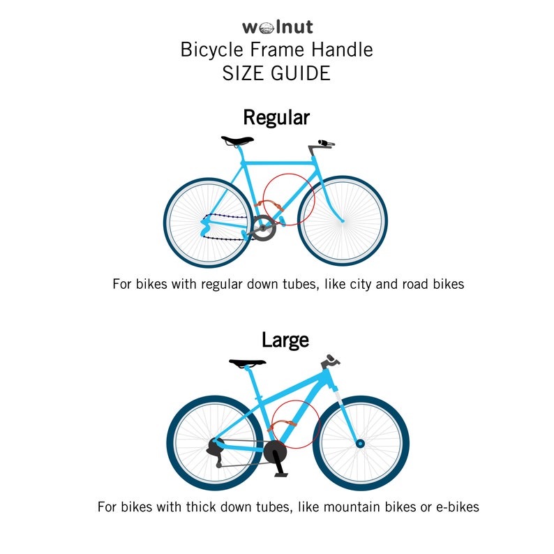 First image features a city bike and text that reads Regular: For bikes with regular down tubes, like city and road bikes. Second image features a mountain bike and text that reads Large: For bikes with thick down tubes, like mountain bikes.