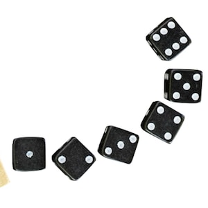 May include: A collection of black dice with white dots, arranged in a curved line against a white background. The dice show various numbers from one to six, showcasing a classic game of chance.