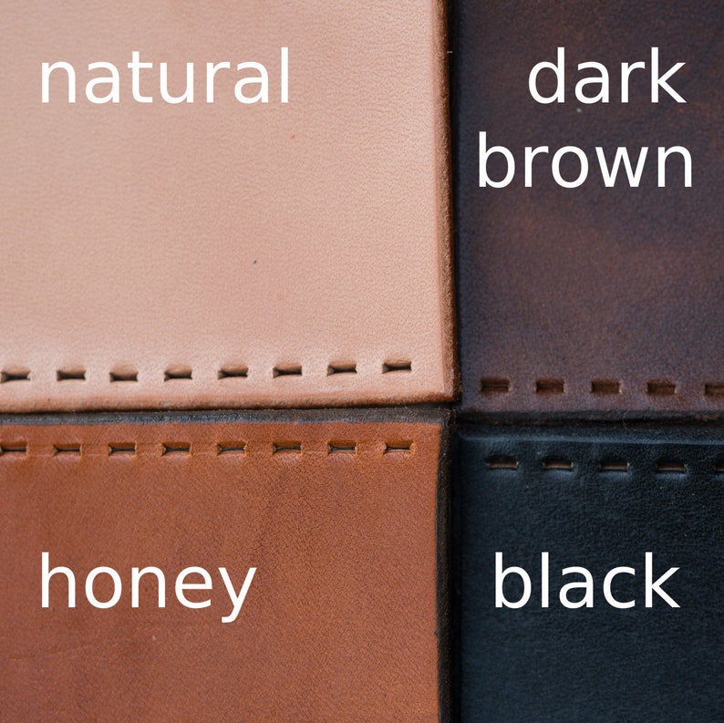 Four leather color swatches listed clockwise: dark brown, black, honey, and natural