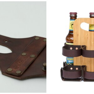 Photo collage showing the color variants of the Dark Brown option: a dark brown leather 6-pack bicycle beer carrier strap and a dark brown leather with bamboo Spartan Carton reusable 6-pack