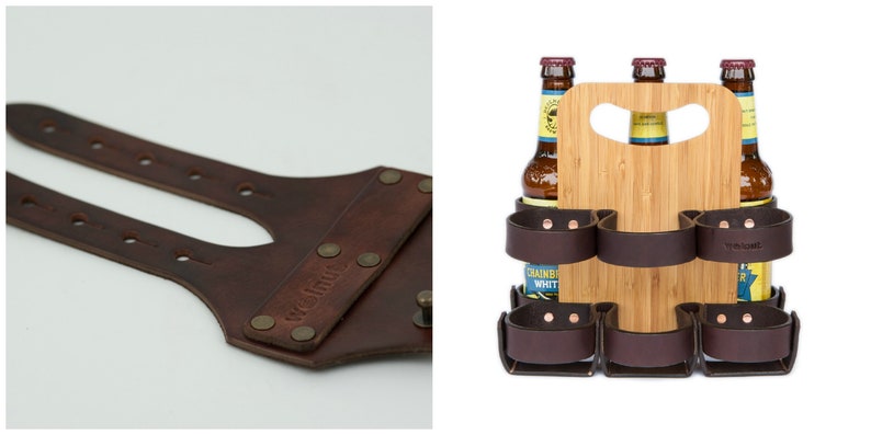 Photo collage showing the color variants of the Dark Brown option: a dark brown leather 6-pack bicycle beer carrier strap and a dark brown leather with bamboo Spartan Carton reusable 6-pack