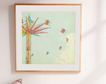 Nostalgic Carnival Photography Coney Island // Boardwalk Theme Park Carnival // Pastel Art Print // Boardwalk // Square Format - "Sky Flyer"