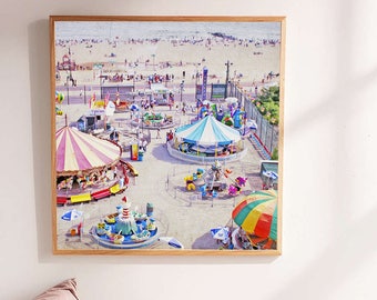 Boardwalk Carnival Large Scale Wall Art // Carnival Photography Art // Boardwalk Aerial Photography Coney Island Theme Park Print Brooklyn