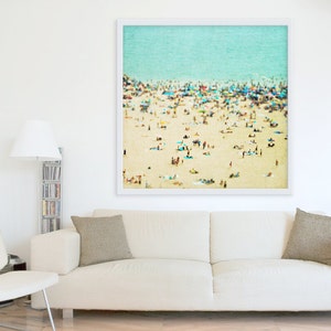 Large Oversize Art // Beach Photography // Aerial beach Photography // Turquoise Teal Print // Coney Island Beach // Beach People image 1