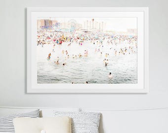 Colorful Crowded Beach Photography // Large Beach People Print for a Modern Home // Coney Island Beach Photography // Coney in July Print