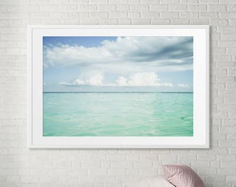 Large Scale Print Living Room Art // Ocean Beach Photography // Blue Green Ocean Large Fluffy Clouds // Large Beach Print "Turquoise Waters"