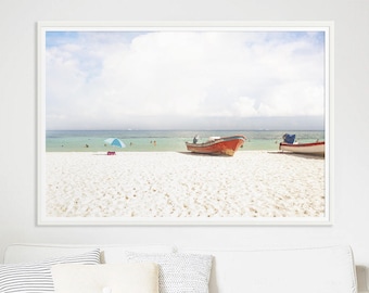 Beach Photography // Red Boats Large Beach Photography // Large Living Room Art // Oversize Beach Print // Large Beach Print "Ocean Boats"