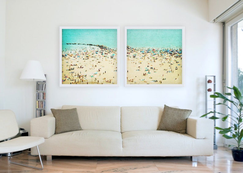 Large Fine Art Diptych Photography // Aerial Beach Photography for Modern Home // Coney Island Beach Diptych // SET OF TWO Beach Prints image 1