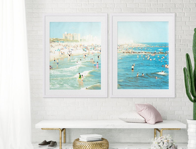 Oversize Art Large Beach Photography Diptych // Set of TWO Beach Prints // Large Scale Art for a modern home // Coney Island Peeps Dips image 1