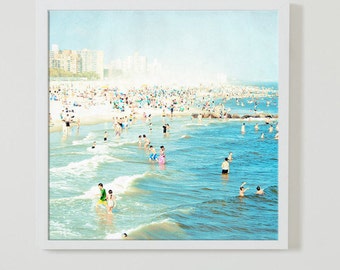 Square Beach Photography Art Print // Blue Aquamarine Wall Art // Square Format Beach Print // Ocean Photography Coney Island - Peeps Dips