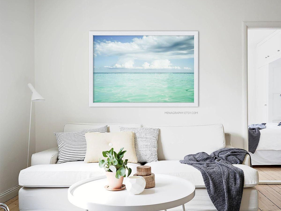 Large Scale Print Living Room Art // Ocean Beach Photography // Blue Green Ocean Large Fluffy ...