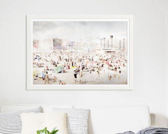 Coney Island Beach Photography //  Beach Photography Print // Crowded Beach People Brooklyn NY // Modern Home Wall Art Brooklyn Beach Print