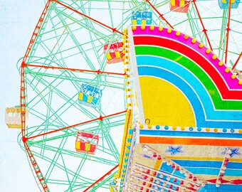 Nursery and Kids room Decor // Wonder Wheel Coney Island // Large Oversized Print // Bright Yellow Pink Turquoise & Blue - "Thrills"