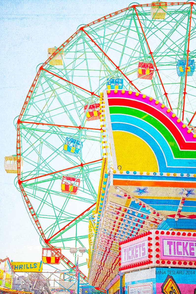 Nursery and Kids room Decor // Wonder Wheel Coney Island // Large Oversized Print // Bright Yellow Pink Turquoise & Blue Thrills image 1