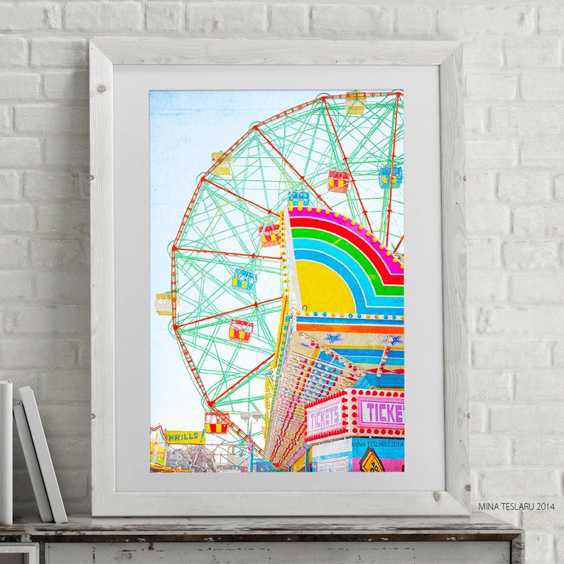 Nursery and Kids room Decor // Wonder Wheel Coney Island // Large Oversized Print // Bright Yellow Pink Turquoise & Blue Thrills image 2