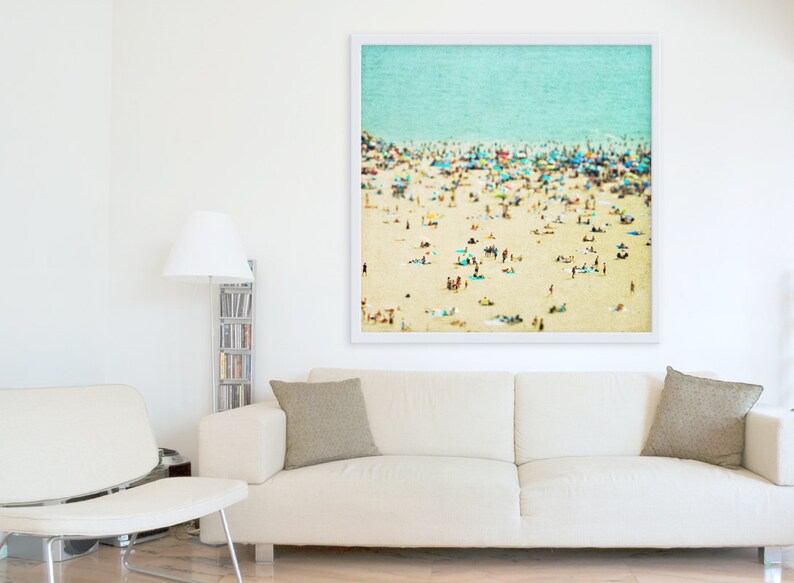 Large Oversize Art // Beach Photography // Aerial beach Photography // Turquoise Teal Print // Coney Island Beach // Beach People image 1