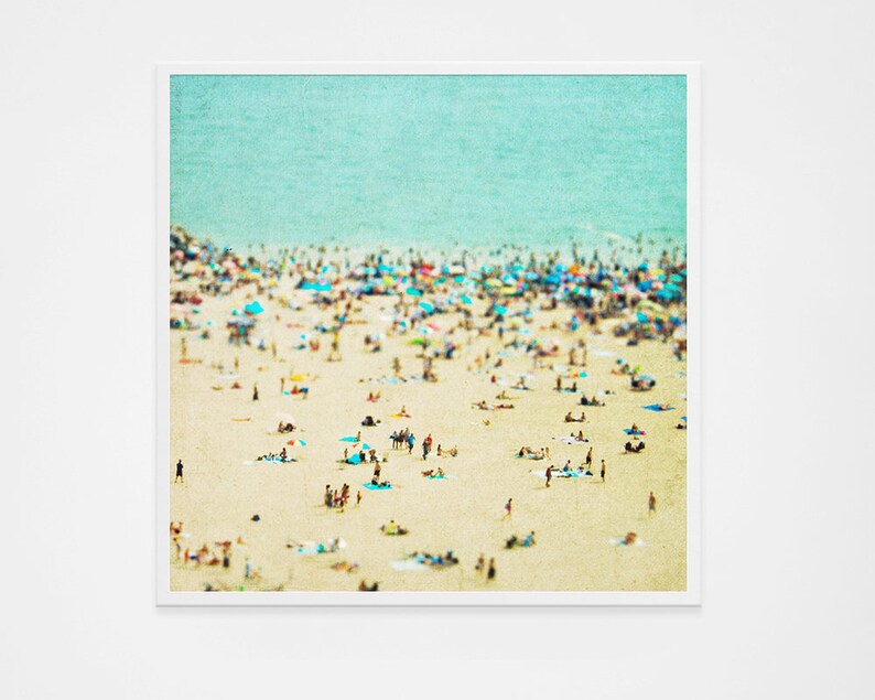 Large Oversize Art // Beach Photography // Aerial beach Photography // Turquoise Teal Print // Coney Island Beach // Beach People image 2