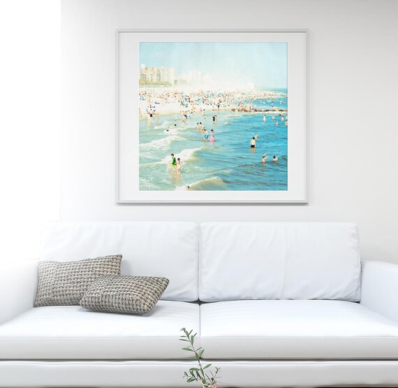 Large Beach Photography // Teal Turquoise Square Format Beach Print // Large Wall Art // Beach People Photography // Peeps Dips Coney Island