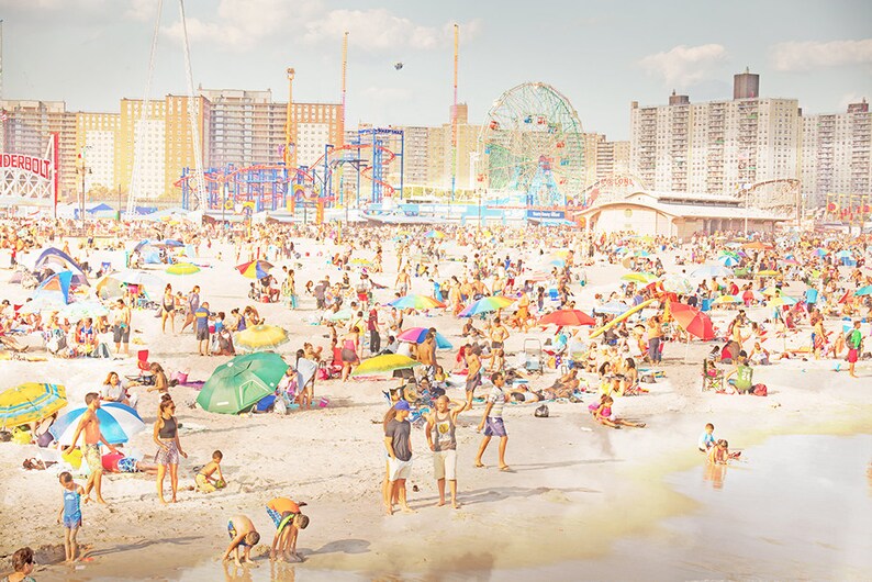 Colorful Beach Photography // Beach Photography // Coney Island Beach Brooklyn // Beach People Print // Oceanside New York Peeps Dips 3 image 1