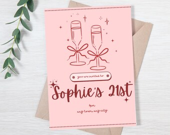 21st Birthday Invite Digital editable template Aesthetic Birthday Invite Invitation 21st bows pink and red cute