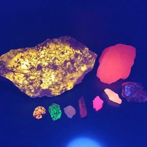 May include: A collection of fluorescent minerals under UV light. The largest piece is a yellow-green rock with a rough texture. Other pieces include a red, a green, a pink, a white, and a purple mineral.