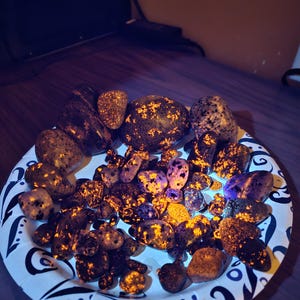May include: A collection of polished stones with a variety of colors and patterns, including brown, purple, and yellow. The stones are arranged on a white plate with a black floral design.