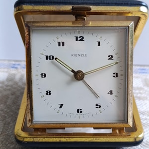 Vintage KIENZLE Travel Alarm Clock in Case,Mid Century Wind up Mechanical Alarm Clock Brass & Leather Timepiece Germany 1940s.