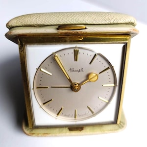 Vintage Kienzle Travel Alarm Clock in Case, Mid Century Wind up Mechanical Alarm Clock Foldable Brass & Leather Timepiece Germany 1930s
