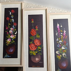 Affascinante dipinto a olio floreale vintage con 3 fiori in vaso. Opera d'arte Lafe in stile senza tempo, dipinto floreale firmato, anni '70, dipinto a mano. Regalo meraviglioso.