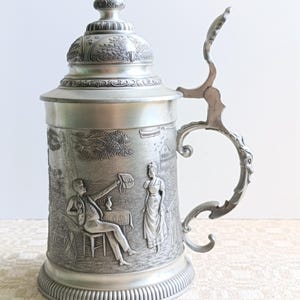 Vintage Pewter Beer Stein Mug with lid, Relief scenes of rural life.FRIELING-ZINN 95% GERMANY.Very Beautiful and clear Relief images.1960s.