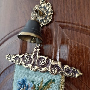 Vintage Estate Needlepoint Bell Pull with Bell Wall Hanging with Bronze Hardware,FLORAL TAPESTRY Decorative Hardware.