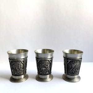 Vintage Pewter Shot Glasses Set -German Gegossen Zinn, Intricate Bar Scene Relief, Unique Gift Idea.Celebrate in Style with this set 3 shots