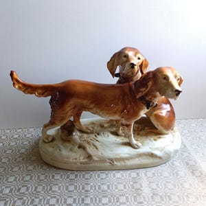 A RARE,HUGE,Figurine of Hunting Dogs Spaniel Setter,Vintage Hand-Painted Hound Dog Sculpture, Collectors Royal Dux 50s Ceramic Animal statue