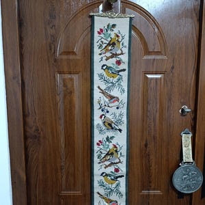 Austrian Vintage Estate Needlepoint Bell Pull with Bell Wall Hanging with Bronze Hardware.Birds on branches Decorative Hardware.A Rare Find