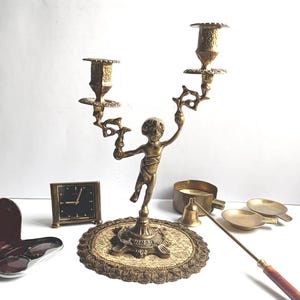 Brass Cherub Candelabra Twin Taper Candle Holder Putty Angel, French Vintage Romantic Victorian Rococo Decor, Wedding Gift