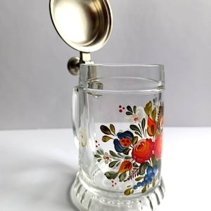 Beer Stein Mug with Pewter Lid Hand Painted Clear Glass Floral, Father&#39;s Day Gift, Lidded Beer Tankard, Vintage West Germany Barware 0,5L
