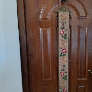 Vintage Estate Needlepoint Bell Pull with Bell Wall Hanging with Bronze Hardware, FLORAL TAPESTRY Decorative Hardware.