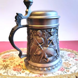 Vintage Pewter Beer Stein Mug With Lid Alpine Relief Scenes & Medieval Wild Boar Hunters. Zinn 95 Germany Tankard Heavy Metal Birthday Gift
