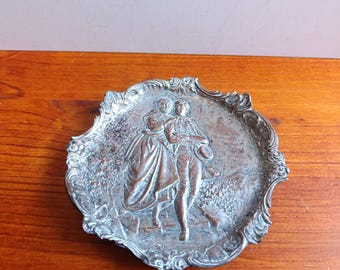 Antyczna metalowa taca na drobiazgi z parą zalotników, antyczna taca na pierścionki, styl shabby chic, stojak na biżuterię, stojak na karty wizytowe w stylu rokoko